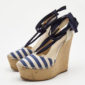 Gucci Stripped Canvas and Leather Espadrille Wedge Ankle Tie Pumps
